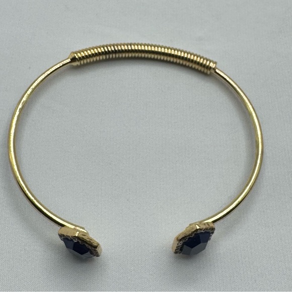 Gold Tone Blue Lucite Crystal Halo Cuff Bracelet Open Flexible Bangle - Picture 7 of 8